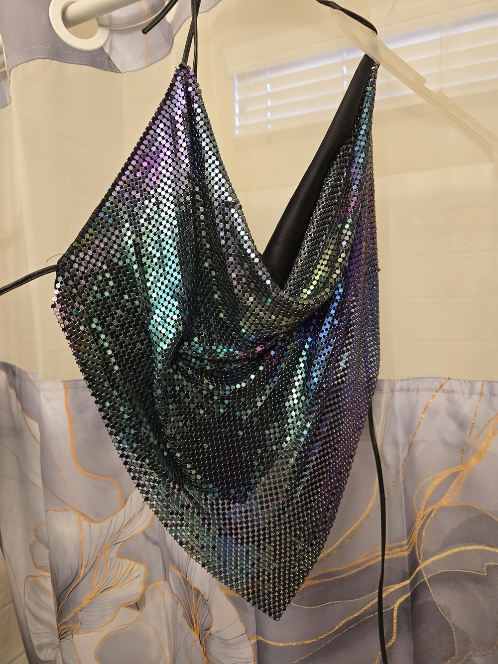 She's Cool  80s Retro Iridescent Sequin Halter Top in Green Blue Purple